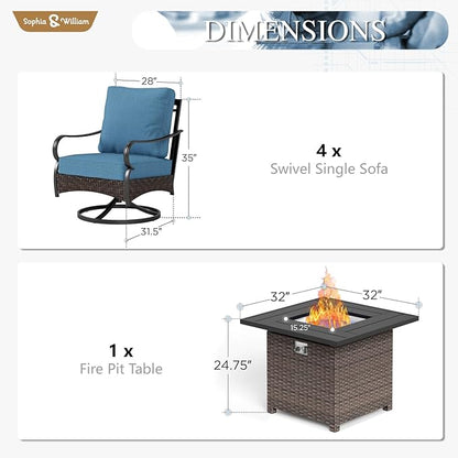 Sophia & William Patio Furniture Set with Fire Pit Table, 5 PCS Metal Outdoor Conversation Set Sofa Couch with Fire Pit Table, 4 Swivel Chairs for Outdoor Seating, Backyard, Porch(Navy)
