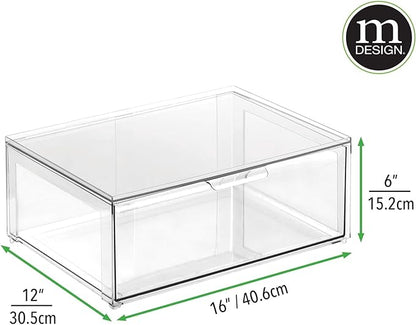 mDesign Plastic Stackable Bathroom Storage Organizer Bin Containers with Front Pull Drawer for Bathroom Countertop, Vanity, Closet Shelves - Holder for Beauty Accessories - Lumiere Collection - Clear