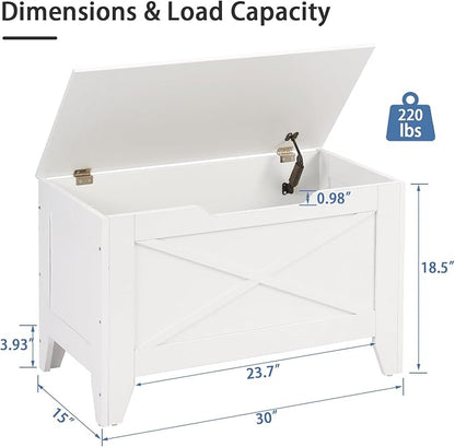 VECELO 30" Storage Bench, Entryway Shoe Ottoman, Farmhouse Style Bench with Handwoven Cushion and Metal Safety Hinges, for Bedroom, Living Room, Entryway, White