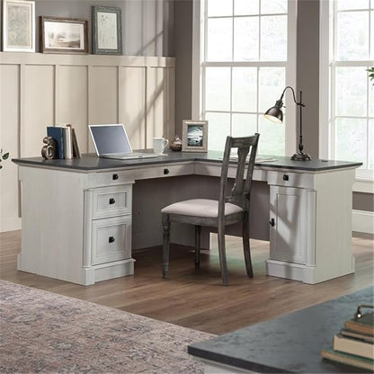 BOWERY HILL Engineered Wood L-Shaped Desk in Glacier Oak/Rosso Slate Accents