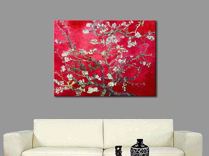 Wieco Art Large Red Almond Blossom Tree Vincent Van Gogh Paintings Reproduction Canvas Prints Wall Art for Home Decor and Wall Decor Classical Flowers Pictures Artwork