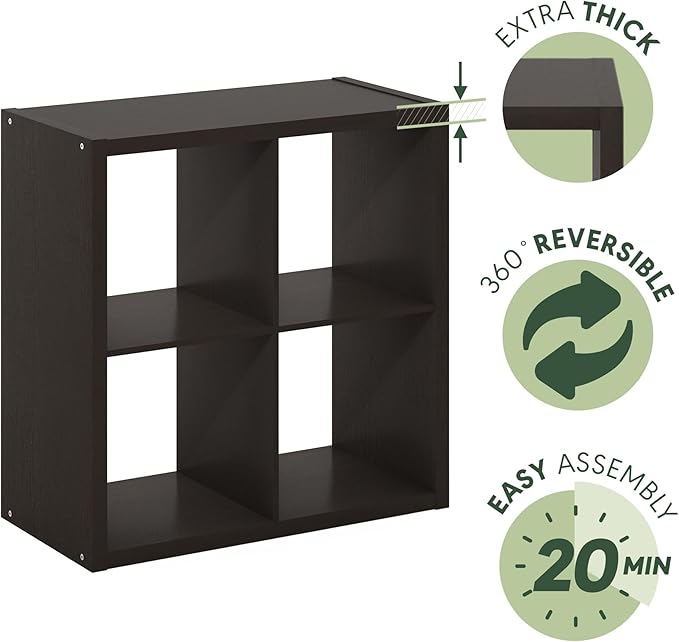 Furinno CUBICLE Book Shelf, 4-Cube Bookself, Thick Frame Bookcase with Reversible Open Back, 14.6 x 30 x 30, for Living Room, Bedroom, Home Office, Black Dark Oak