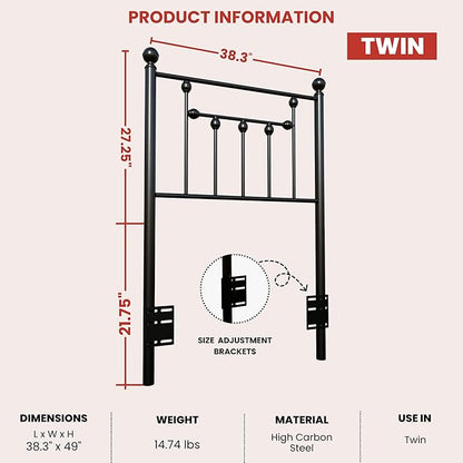 Victorian Twin Size Metal Bed Frame Height Adjustable Headboard Only, Wrought Iron Black Farmhouse Bed Frame Headboard, Easy Assembly, Short Clearance, Tall or Low Setting