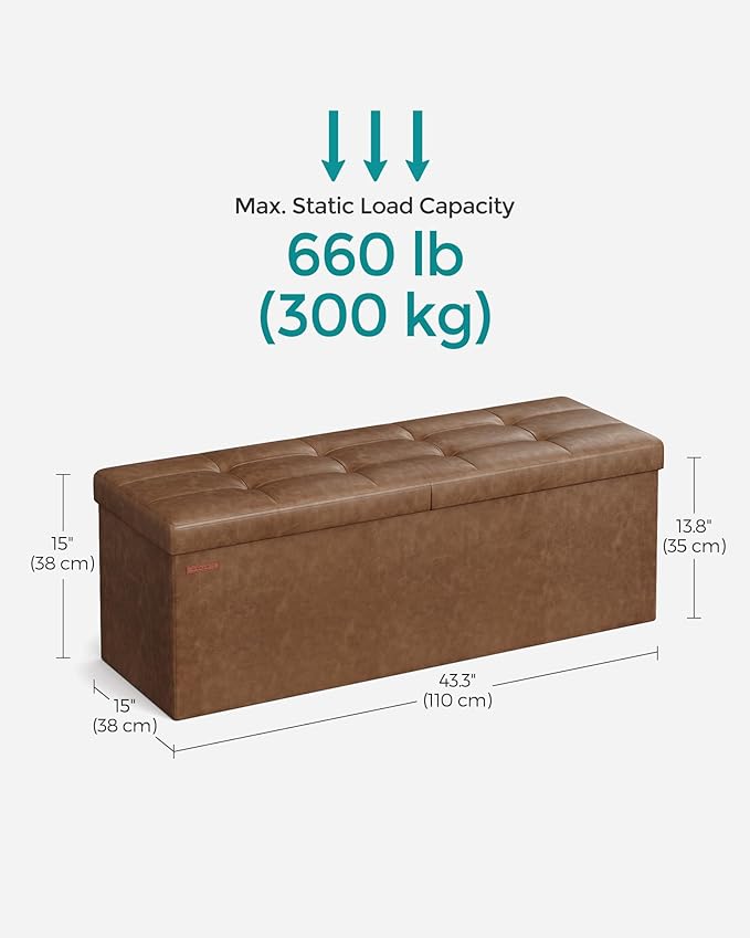 SONGMICS MAZIE Collection - 43 Inches Storage Ottoman Bench with Flipping Lid, Storage Chest with Iron Frame Support, Load 660 lb, for Living Room, Bedroom, Synthetic Leather, Coffee Brown ULSF075K01
