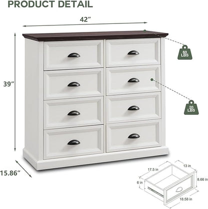 Farmhouse 8 Drawer Dresser for Bedroom, 39" Tall Dressers & Chests of Drawers, 42" Wide Dressers Organizer Storage, Wood Rustic Bedroom Dresser for Closet, Living Room, Hallway, White