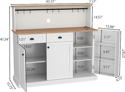 Sideboard Buffet Cabinet with 2 Drawers, Farmhouse Kitchen Pantry with Adjustable Shelves, Coffee Bar Cupboard Cabinet with 3 Doors for Kitchen, Dining Room (White)