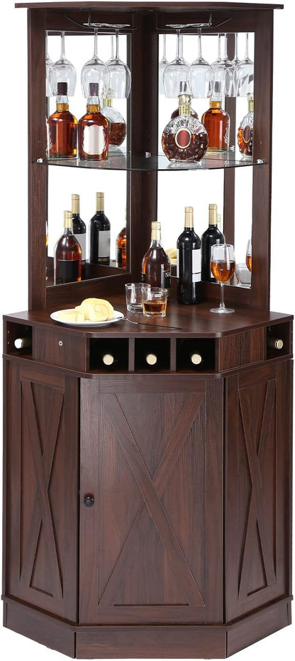 VEVOR Corner Industrial Bar Cabinet, Wine Table for Liquor & Glasses, Sideboard Buffet Cabinet with Glass Holder, Freestanding Farmhouse Wood Coffee Bar Cabinet for Living Room, Home Bar, Black Walnut