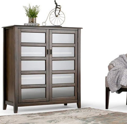 SIMPLIHOME Burlington SOLID WOOD 40 inch Wide Transitional Medium Storage Cabinet in Mahogany Brown, with 2 Tempered Glass Doors that open to 4 Adjustable Shelves