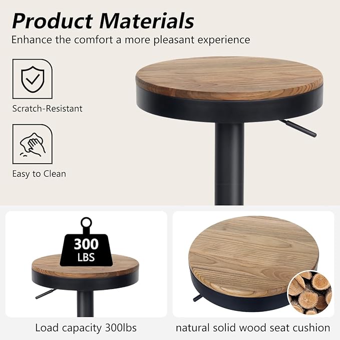 Kidol & Shellder Bar Stools Set of 4 Round Adjustable Swivel Barstools Modern Backless Bar Chairs Wooden Seat Counter Height Stools Armless for Kitchen Island, Cafe, Dining Room Black