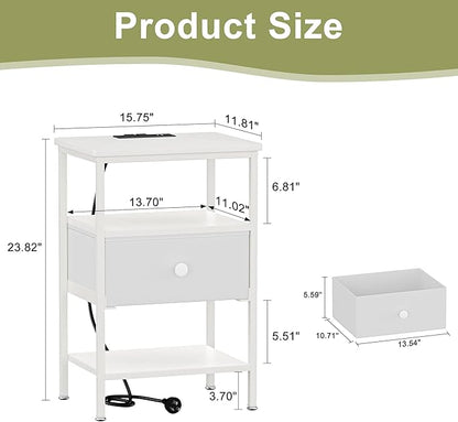 VECELO Night Stand Set 2, Nightstand with Charging Station, End Tables with Open Storage Shelf, Bed Side Tables with Fabric Drawers for Bedroom,Living Room,Elegant White