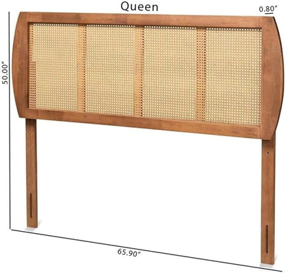 Mid-Century Modern Ash Walnut Finished Wood and Synthetic Rattan Victorian Vintage Size Headboard
