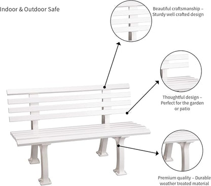 Plow & Hearth Weatherproof German PVC Outdoor Bench | Holds Up to 500 lbs | Garden Patio Porch Park Deck | Steel and Resin | White