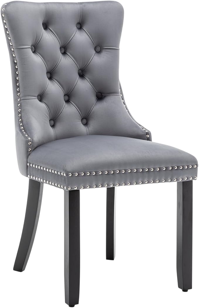 Velvet Dining Chairs Set of 6, Tufted Dining Room Chairs with Nailhead Ring Pull Trim, Upholstered Dining Chairs with Solid Wood Legs for Kitchen Dining Room (Grey)