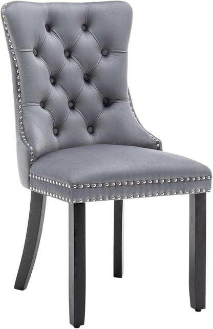 Velvet Dining Chairs Set of 6, Tufted Dining Room Chairs with Nailhead Ring Pull Trim, Upholstered Dining Chairs with Solid Wood Legs for Kitchen Dining Room (Grey)
