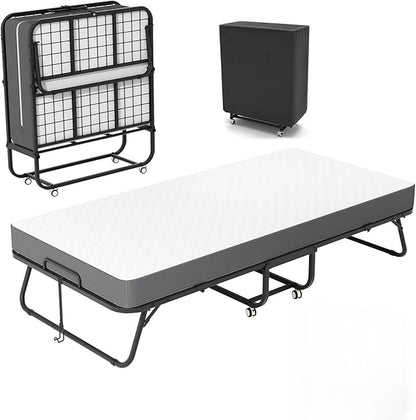 75" x 31" Folding Bed with Mattress for Adults, Portable Foldable Single Beds with Memory Foam Mattress & Super Strong Frame, Convenient Roll Away Guest Bed for Storage