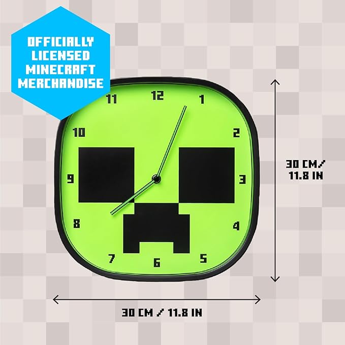 Minecraft Creeper Glow In the Dark Wall Clock - Officially Licensed Silent, Non-Ticking Clock - Includes 3 Sheets of Removable Minecraft Decals - Minecraft Room Decor for Boys | Paladone