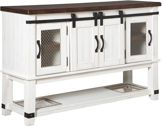 Signature Design by Ashley Valebeck Farmhouse Dining Room Server or Buffet Cabinet, White & Brown