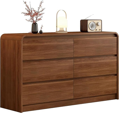 55 Inch Dresser For Bedroom 6 Drawer Wood Chest of Drawers - Curved Anti Collision, Mid Century Dresser For Closet with Natural Texture & Pre-Embedded Slots for TV Stand, Living Room, Nursery