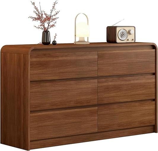 55 Inch Dresser For Bedroom 6 Drawer Wood Chest of Drawers - Curved Anti Collision, Mid Century Dresser For Closet with Natural Texture & Pre-Embedded Slots for TV Stand, Living Room, Nursery