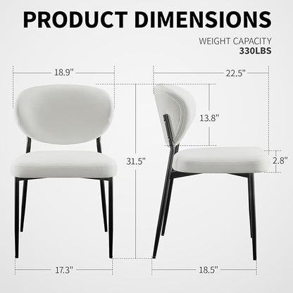 Upholstered Dining Chairs Set of 2 Modern Chenille Dining Room Chairs Wide Cushion with 58D Memory Foam Ergonomic Wingback Kitchen Chairs with Black Metal Leg for Living Room/Bedroom White
