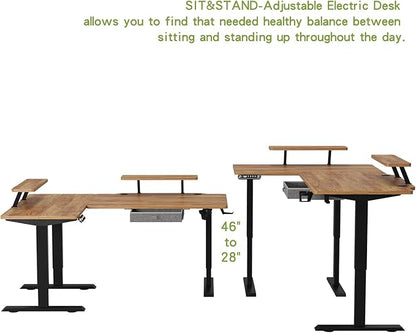 Radlove 63-Inch Large Electric Height Adjustable Computer L-Shaped Desk with Memory Controller Corner Standing Desk Modern Workstation with Splice Board Ergonomic Desk (Black Frame + Rustic Brown Top)
