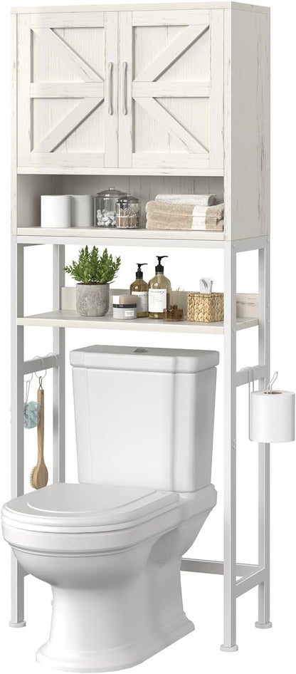 Over The Toilet Storage Cabinet - Bathroom Shelves Above Toilet Freestanding Organizer Shelf with Doors Narrow Floor Stand Rack Farmhouse Wood 71" Tall, Distressed White