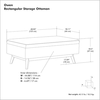 SIMPLIHOME Owen 48 inch Wide Mid Century Modern Rectangle Rectangular Storage Ottoman in Distressed Grey Taupe Vegan Faux Leather, Assembled, for the Living Room, Entryway and Family Room