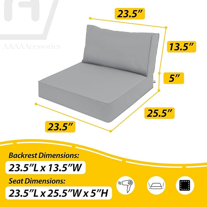 AAAAAcessories Outdoor Deep Seat Cushions, Waterproof, Fade-Resistant Patio Furniture Replacement Cushions, 23.5" x 25.5" x 5" + 23.5" x 13.5", Gray