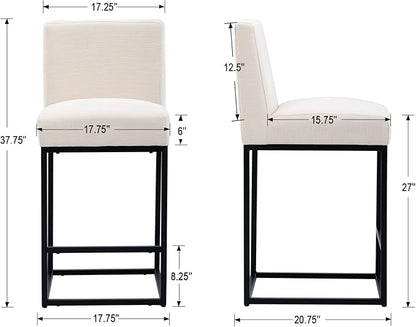 27" Height Cream Fabric Bar Stools Set of 2 Counter Height Stools with Back and Footrest for Kitchen Modern Metal Barstools, Linen Upholstered Farmhouse Bar Chairs Island Stool