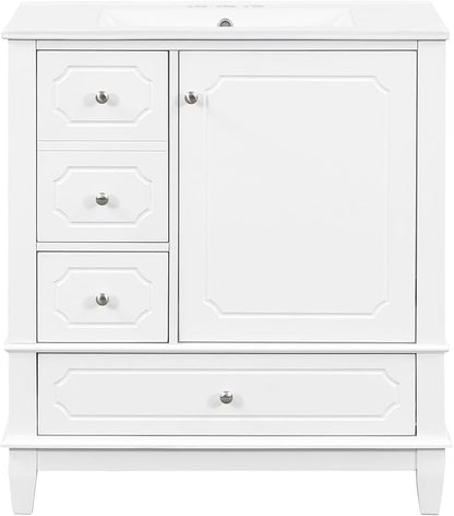 Bathroom Vanity with Ceramic Sink 30 inch, Multi-Functional Storage Cabinet with Drawers and Door Shelf, Solid Wood Frame, Soft-Closing Door, White