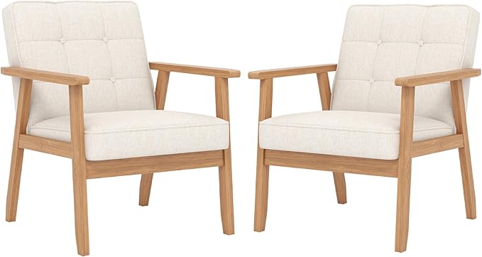 Modern Accent Chairs Set of 2, Upholstered Linen Fabric Leisure Chairs with Backrest Button and Wooden Frame for Living Room Bedroom Reading (Beige)
