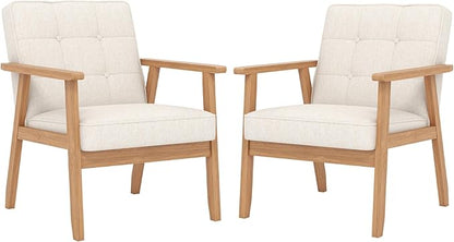 Modern Accent Chairs Set of 2, Upholstered Linen Fabric Leisure Chairs with Backrest Button and Wooden Frame for Living Room Bedroom Reading (Beige)