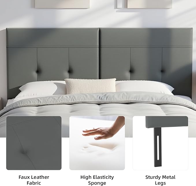 King Headboard Only with Adjustable Metal Legs, Faux Leather Upholstered Headboard King Size, Modern Stylish Headboard with Sunken Dot Design, Sturdy Bed Headboard for Bedroom, Gray