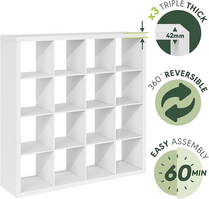 Furinno Cubicle Book Shelf, 16-Cube Bookshelf, Triple Thick Frame Cube Storage Organizer, Bookcase, 15.4 x 57.4 x 56.9, for Home Office, Living Room, Plain White