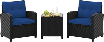 Tangkula 3 Piece Patio Furniture Set, Rattan Conversation Set w/Soft Seat & Back Cushions, Tempered Glass Topped Coffee Table, Cushioned Wicker Seating Set for Backyard, Porch, Poolside