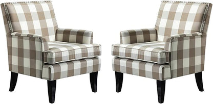 HULALA HOME Modern Accent Chairs Set of 2, Farmhouse High Back Buffalo Plaid Chairs with Wooden Legs & Nail Head Trim, Comfy Upholstered Armchairs for Living Room/Bedroom (Buffalo Beige)