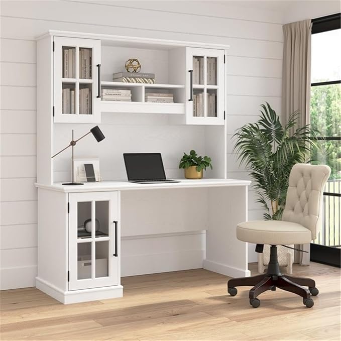 Bush Furniture Westbrook 60W Computer Desk with Hutch in White Ash | Farmhouse Desk for Home Office Workspace