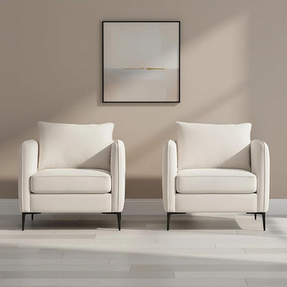 Velvet Accent Chairs Set of 2, Comfy Upholstered Single Sofa Chair Mid-Century Modern Armchair with Thick Cushion and Wood Frame Side Chair for Living Room Bedroom Apartment (Ivory)