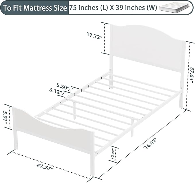 Timy Kids Twin Bed Frame with Wooden Headboard and Footboard, Metal Platform Bed Frame for Boys Girls Teens Adults, Modern Kids Furniture, No Box Spring Needed, White
