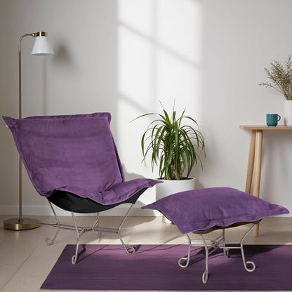 Howard Elliott Scroll Puff Rocker Seating Chair With Cover, Multipurpose Alternate Seating Butterfly Chair with Titanium Frame, Patio Furniture for Camping, Home, Indoor & Outdoor, Bella Eggplant