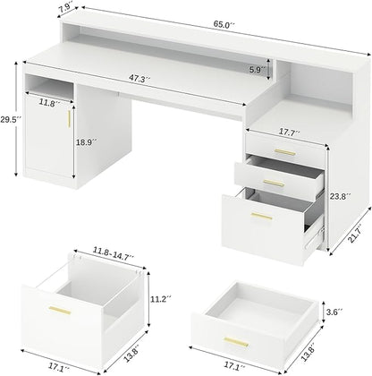 Computer Desk with 3 Drawer & Storage Shelves, Home Office Desk with File Drawer & Cabinet, Writing Study Table with Long Monitor Stand & Printer Shelf, Executive Desk, White