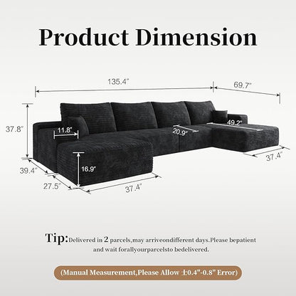 135.4" Oversized Cloud Modular Sectional Sofa, U-Shaped Couches with Ottoman for Living Room, Deep Seat Boneless Couch, 1600lb Weight Capacity, No Assembly Required (Black, Right Facing Chaise)