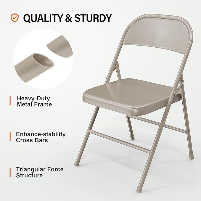 VINGLI Folding Chairs All Steel Metal Frame, Capacity 350 lbs, Durable Portable and Versatile for Indoor Outdoor Use, Khaki, Set of 4