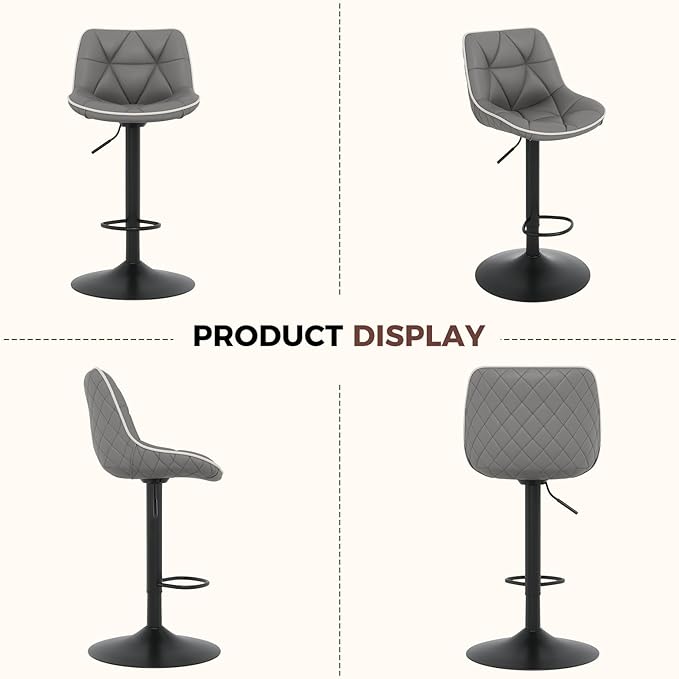 Nalupatio Bar Stools Set of 4, Adjustable Swivel Counter Height Bar Stools with Back, Armless Modern Barstools for Kitchen Island & Home Bar, Upholstered Seat,（Grey）