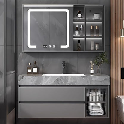 Gray 28IN Modern Bathroom Vanity - Wall-Mounted Bathroom Storage Cabinet & Bathroom Vanity with Sink, Bathroom Medicine Cabinet Wall Mounted, Defogging & Led Lighting | Bathroom Cabinet Slim