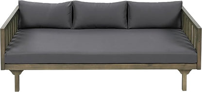 Christopher Knight Home Claremont Outdoor 3 Seater Acacia Wood Daybed with Fabric Water Resistant and Removable Cushions, Patio Garden Sofa with Slat Paneling Armrest and Back, Grey and Dark Grey