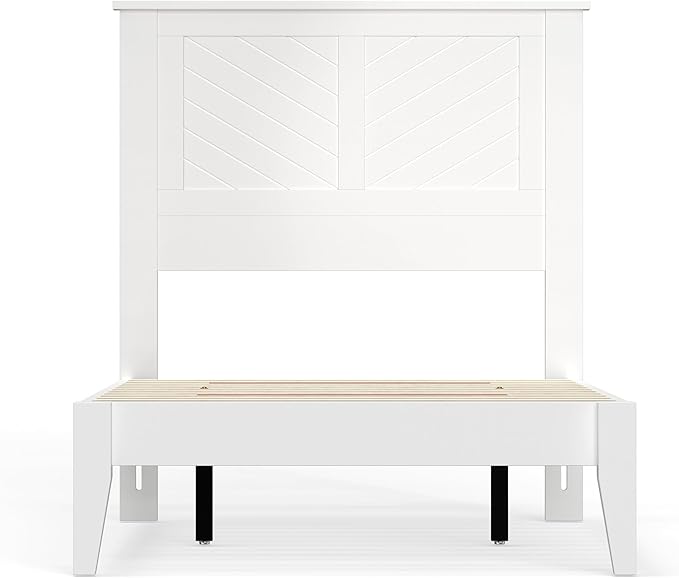 Serene Farmhouse Style Wood Bed in Twin Size with Chevron Scoring Headboard, Coastal Modern Design, Sturdy, Easy Assembly, Ample Underbed Storage, White Finish