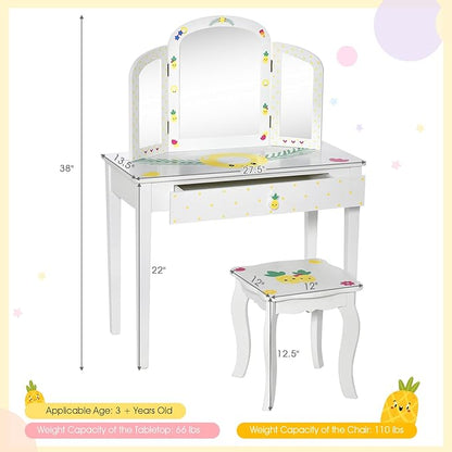 Costzon Kids Vanity, Girls Vanity Set with Tri-Folding Mirror, Stool, Storage Drawer, Princess Toddler Makeup Vanity Desk Dressing Table, Wooden Kids Vanity Table and Chair Set (Fruit Pattern)