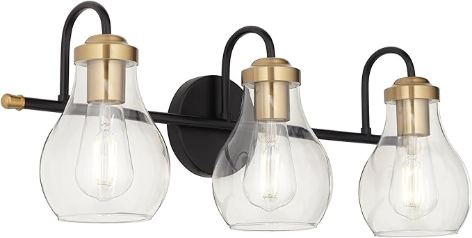 Possini Euro Design Brade Industrial Modern Wall Light Black Gold Hardwired 22 3/4" 3-Light Fixture Clear Glass Shades for Bedroom Bathroom Vanity Reading Living Room Hallway House Home Decor