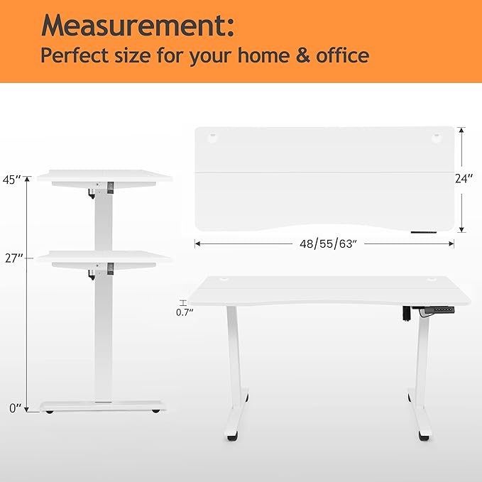 Electric Adjustable Standing Desk with Wheels, 63'' x 24''Sit Stand Desk with Dual Crossbeam and Mouse Pad, 27''-46'' Lifting Range Stand up Table with Ergonomic Arc Desktop (White Arc)